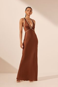 Belkis Contrast Plunged Cross Back Maxi Dress | Chocolate/Ivory | Dresses | Shona Joy Brown Dresses Formal, Beach Bridesmaid Dresses, Shona Joy, Maxi Dress Online, Ivory Dresses, Grad Dresses, Midi Length Skirts, Contrast Piping, Satin Maxi Dress