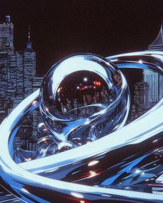 a futuristic city at night with large shiny balls in the foreground and skyscrapers in the background