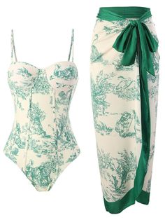 Vaca Outfits, Holiday Fits, Swimming Suits, Summer Suit, Trendy Swimsuits, Shein Outfits, Coverup Skirt, Green Suit, Two Piece Swimwear