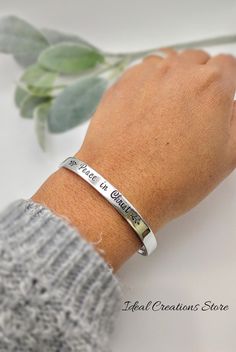 "\" Peace in Christ\" metal bracelet. Adjustable to fit most wrists.  This Christian bracelet would be a great gift of encouragement or a Baptism gift for women, girls, youth, Christians, missionaries, or confirmation. Cuffs are made of 12 gauge aluminum which is lightweight, hypoallergenic, and non-tarnish!  These items are hand stamped, so letters may not line up perfectly, which only adds to the one of a kind quality of your piece!" Hypoallergenic Inspirational Name Bracelet As Gift, Spiritual Stainless Steel Bracelet As Gift, Spiritual Stainless Steel Bracelet Gift, Spiritual Stainless Steel Bracelets As Gift, Spiritual Stainless Steel Bracelet For Gift, Inspirational Nickel Free Bracelets As Gift, Inspirational Hypoallergenic Silver Bracelets, Inspirational Nickel-free Bracelets As Gift, Inspirational Nickel-free Bracelets As A Gift