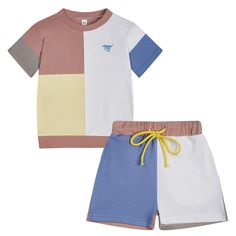 PRICES MAY VARY. STARRYHEARTS' color-blocked short sleeve top and shorts set is perfect for children aged 1-5 years. Made from high-quality pure cotton, it's soft and comfortable to wear, with a thickness that's just right for absorbing sweat and keeping kids dry. The vibrant and trendy color-block design makes your child look even more adorable. The shorts feature an elastic waistband without any hard closures, making them easy to put on and take off without scratching your child. Suitable for Playful Multicolor Color Block T-shirt, Short Sleeve Patchwork Tops For Loungewear, Multicolor Short Sleeve Color Block Set, Multicolor Cotton Short Set For Spring, Spring Multicolor Cotton Short Set, Yellow Patchwork T-shirt For Spring, Casual Pink Patchwork Sets, Patchwork Top For Summer Loungewear, Multicolor Short Sleeve Short Set For Spring