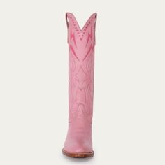 Cheek Lightning Boot front profile Pink Snip Toe Boots For Western-themed Events, Pink Western Boots For Ranch, Pink Western Snip Toe Boots, Pink Western Boots With Snip Toe, Pink Western Boots For Rodeo, Pink Leather Western Heeled Boots, Pink Fitted Western Heeled Boots, Western Style Fitted Pink Heeled Boots, Pink Fitted Western Style Heeled Boots