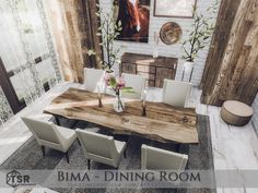 a dining room table with white chairs and a vase filled with flowers on top of it