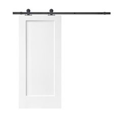 an open white door hanging on a black metal bar over a white wall and floor