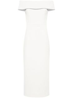 Amore off-shoulder midi dress from REBECCA VALLANCE featuring ivory white, off-shoulder, short sleeves, rear button fastening and mid-length. | Rebecca Vallance Amore off-shoulder midi dress Midi Dress White, Rebecca Vallance, San Michele, White Off Shoulder, Dress Home, Pink Midi Dress, Calabria, Blue Midi Dress, White Midi Dress