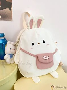 Bird in Bag - Animal Cartoon Rabbit Backpack with Pendant, Student Bookbag Stylish Daypack with Padded Straps, Waterproof Backpack Cute Cartoon Backpack For Daily Use, White Harajuku Backpack For Back To School, White Harajuku Style Backpack For Back To School, Back To School Harajuku Style White Backpack, Cute School Backpack With Animal Design, Kawaii White Backpack For Everyday Use, Cute Portable Satchel Backpack, Cute Large Capacity Backpack For Study, Kawaii White Portable Backpack