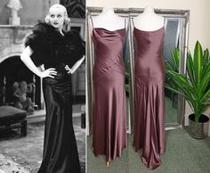 Put a spotlight, on your inner starlet, with this glamorous, 1930s Old Hollywood inspired  liquid satin dress  Perfect, for weddings, glitzy evenings out and head-turning events.  This opulent, elegant  cowl neck dress  was made circa 90s and is in immaculate vintage condition!  A glamorous, sophisticated  satin dress  that will ensure all eyes are on you, on your special occasion.  Truly breathtaking, this  purple dress  features stunning, intricate, sparkling beading, to both front and back.  Expertly crafted, from luxurious, satin fabric, it is a  bias cut dress  which is universally flattering and incredibly comfortable to wear.  The glamorous satin, shimmers and shines as it falls.  It is the most beautiful colour!  A rich damson/purple shade.  Everything about this  beaded dress  scr Liquid Satin Dress, Old Hollywood Dress, Purple Satin Dress, Dark Purple Dresses, Ball Gown Prom Dress, Hollywood Dress, Liquid Satin, Dress Ball Gown, Slinky Dress