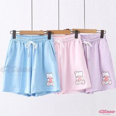 Qteee - Heart-Shaped Bear Embroidered Pocket Drawstring Shorts - A Darling Addition to Your Wardrobe Bear Embroidery, Embroidered Pocket, Pocket Hoodie, Drawstring Shorts, Cartoon Print, Printed Shorts, Color Purple, Casual Style, Pink Blue