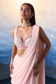 Powder pink pre-draped saree. Paired with a hand embroidered blouse using multicolored sequin, crystals and bugle beads. - Aza Fashions Hand Embroidered Blouse, Draped Saree, Drape Saree, Bugle Beads, Pink Sequin, Powder Pink, Work Blouse, Embroidered Blouse, Aza Fashion