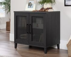 a black cabinet sitting on top of a wooden floor next to a potted plant