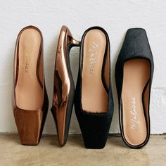 Kitten heel mule with squared-off toe. Mule Kitten Heels, Brown Leather Flat Mules, Therapist Wardrobe, Fall Mules, Shoe Closets, Shoe Styling, Mules Outfit, Trending Flats, Brown Leather Flats