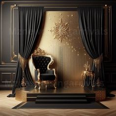 an elegant black and gold living room with two chairs in front of the stage curtain