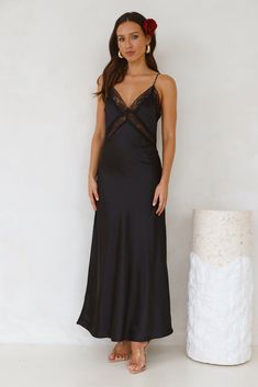 Length from bust to hem of size S: 126cm. Chest: 40cm, Waist: 38cm, across front only of size S. Maxi dress. Lined, unlined lace panels. Model is a standard XS and is wearing size XS. True to size. Non-stretch. V-neck. Lace details, unlined. Zipper. Cold hand wash only. Polyester. An ultra-romantic style! The Ultimate Love Satin Slip Maxi Dress features a silky satin design, lace panels and a straight flowy silhouette that we're in love with. Style with heels and curls for all the likes. Formal Lace Slip Dress With Lace Back, Formal Lace Back Slip Dress, Night Dresses With Spaghetti Straps And Lace Trim, Spaghetti Strap Lace Trim Night Dresses, Night Out Lace Slip Dress With Lace Bodice, Sleeveless Lace Back Slip Dress For Date Night, Sleeveless Slip Dress With Lace Back For Date Night, Lace Back Slip Dress For Date Night, Formal Maxi Slip Dress With Lace Trim