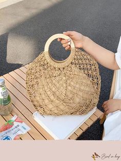 Bird in Bag - Woven Cotton Hollow Out Design Round Wooden Handle Fashionable Casual Tote Bag for Shopping, Beach, Vacation, Party, and Gift. Beige Summer Pouch Beach Bag, Chic Summer Pouch Beach Bag, Chic Summer Beach Bag Pouch, Eco-friendly Summer Straw Pouch Bag, Summer Beach Bag With Braided Handles And Pouch Shape, Straw Pouch Bag For Beach Season, Spring Pouch Beach Bag, Pouch Straw Bag For Beach Season, Summer Beach Crochet Pouch Bag