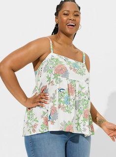 FIT Model is 5'10” wearing size 1. . Measures 28”-30” from shoulder (size 2). MATERIALS + CARE Challis woven fabric: New, improved, and loved by all—and still lightweight, drapey, and (really! ) machine-washable. . Stretch level: None. . 72% viscose, 28% lyocell. . Machine wash cold. Tumble dry. Imported. DETAILS Sleeveless. Square neckline. The best plus size women's babydoll challis square neck tank sleeveless & tops in line airbrush floral cloud dancer made of washchallis. Rock your look from Floral Cloud, Disney Leggings, Shoes For Leggings, Cloud Dancer, Sleeveless Tops, Lightweight Tops, Fashion Event, Floral Tank, Casual Wardrobe