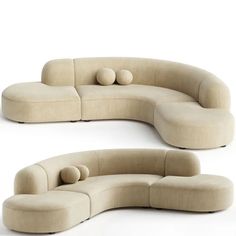 two curved couches with balls on them in front of a white background and back to back