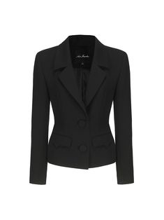 Experience comfort and sophistication with the Dionne Blazer, crafted from luxurious wool fabric. Tailored with meticulous attention to detail, the shoulder-pad design accentuates your shoulders, creating a stylish silhouette that commands attention. The expert tailoring at the waistline ensures a flattering fit, effortlessly highlighting your curves. Practicality meets style with the inclusion of two classic water drop pockets on the front. Adding a touch of charm, the cuffs feature three buckl Elegant Blazer With Structured Boning For Work, Fitted Structured Blazer For Office, Elegant Blazer For Workwear, Elegant Structured Blazer With Lapel Collar, Tailored Suit With Structured Shoulders, Tailored Suits With Structured Shoulders And Suit Collar, Elegant Structured Suit With Suit Collar, Black Business Blazer With Structured Boning, Black Fitted Blazer With Structured Shoulders