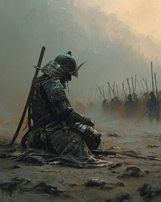 a painting of a person sitting on the ground with swords in their hands and wearing armor