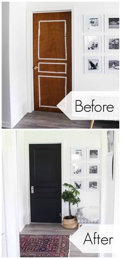 before and after photos of a front door painted black with white lines on the side