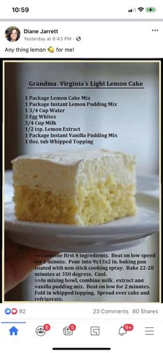 a person holding a plate with a piece of cake on it and the caption reads, grandma virginia's light lemon cake