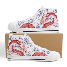 Red Dragon Blue Ceramic White High Top Sneakers Casual White Mid-top Custom Sneakers, White Slip-on High-top Casual Sneakers, White High-top Casual Custom Sneakers, Casual White High-top Custom Sneakers, Fantasy Sneakers, Pretty Objects, Shoe Painting, Dragon Blue, White High Top Converse