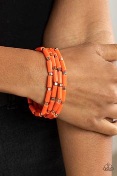 A playful collection of dainty silver cube beads and cylindrical orange beads are threaded along stretchy bands, creating colorful layers around the wrist.

 Sold as one set of four bracelets. Orange Bracelet, Retro Bracelet, Yellow Bracelet, Cube Beads, Paparazzi Accessories, Matching Accessories, Stretchy Bracelets, Paparazzi Jewelry, Beaded Stretch Bracelet