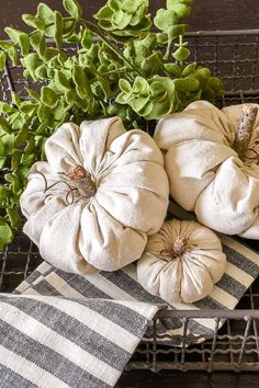 three white pumpkins sitting on top of a table