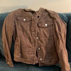 Brown Jean Jacket Never Worn Once Brown Spring Utility Jacket With Snap Buttons, Spring Brown Utility Jacket With Snap Buttons, Brown Utility Jacket With Snap Buttons For Spring, Amazon Long Sleeve Winter Outerwear, Amazon Winter Long-sleeve Outerwear, Amazon Winter Outerwear With Long Sleeves, Amazon Casual Long Sleeve Outerwear, Casual Long Sleeve Outerwear By Amazon, Fitted Brown Casual Utility Jacket