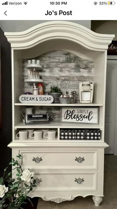 an old dresser has been transformed into a coffee bar