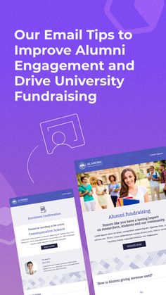 two screens with the words our email tips to improve alumii engagement and drive university fundraiser