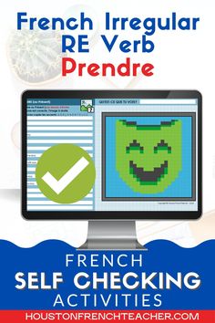 a computer screen with the words french irregularr verb prendre and an image of a