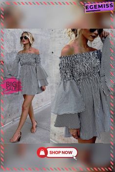 Women Bohe Holiday Off Shoulder Stripe Party Ladies Casual Dress Long Sleeve Elegant Non-stretch Summer Mini Dress, Elegant Non-stretch Mini Dress For Summer, Chic Ruffled Non-stretch Mini Dress, Chic Non-stretch Ruffled Mini Dress, Chic Non-stretch Mini Dress With Ruffles, Trendy Off-shoulder Mini Dress For Summer, Spring Off-shoulder Dress For Night Out, Non-stretch Dresses For Night Out In Spring, Casual Mini Dress For Party