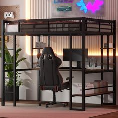 a black loft bed with a desk and chair underneath it in an office space area