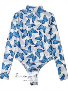 Women White High Neck Blue Butterfly Print Mesh Long Sleeve Bodysuit butterfly print bodysuit Casual Blue Bodysuit For Fall, Blue Long Sleeve Swimwear For Summer, Blue Long Sleeve Printed Bodysuit, Long Sleeve Beach Bodysuit For Summer, Blue Long Sleeve Swimwear For Spring, Casual Long Sleeve Beach Bodysuit, Trendy Long Sleeve Bodysuit For Beach, Trendy Long Sleeve Bodysuit For The Beach, Trendy Long Sleeve Swimwear For Spring