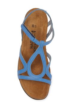 A graceful teardrop modifies a breezy T-strap sandal finished with a slim hook-and-loop strap closure. Flat sole American Podiatric Medical Association (APMA) Seal of Acceptance Leather upper and lining/rubber sole Imported Blue Sandals With Heel Loop And Single Toe Strap, Spring T-strap Sandals With Arch Support, Leather T-strap Sandals With Arch Support, Adjustable T-strap Sandals With Arch Support, Blue Leather Sandals With Arch Support, Adjustable Blue Sandals With Arch Support, Blue Adjustable T-strap Sandals, Blue Sandals With Cushioned Footbed And Single Toe Strap, T Strap Sandals