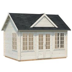 a small white house with windows and a black roof