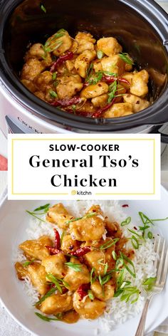 slow cooker general tso's chicken with rice and garnishes