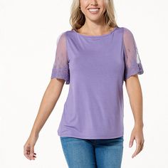 Colleen Lopez Lace-Sleeve Top For sophisticated summer style, this top makes the perfect complement to other Colleen Lopez favorites, and more. Summer Purple Blouse With Crew Neck, Summer Crew Neck Blouse In Purple, Purple Crew Neck Blouse For Summer, Chic Purple Short Sleeve Tops, Summer Stretch Blouse With Crew Neck, Stretch Short Sleeve Blouse For Day Out, Summer Stretch Crew Neck Blouse, Stretch Short Sleeve Spring Tops, Stretch Short Sleeve Tops For Spring