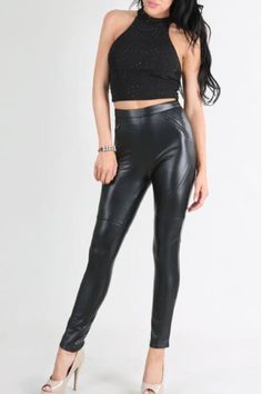 Nikibiki Black Faux 'leather' leggings. Seam and zipper accented. Trending now. So much fun! Color: BlackSizes: S-M-L Waist 26-28-30, tall inseamOur model is 5' 9" and wearing a Small 70% Polyester, 25% Polyurethane, 5% Spandex, Dry Clean, Imported A2/P24127 Stretch Faux Leather Pants For Club, Edgy High Waist Faux Leather Leggings, Black Faux Leather Leggings For Club, Black Faux Leather Club Leggings, Trendy Faux Leather Leggings For Club, Chic Black Leggings With Zipper Closure, Chic Leggings With Zipper Closure For Night Out, Edgy Leather Pants With Zipper Closure For Party, Black Biker Leather Pants For Night Out