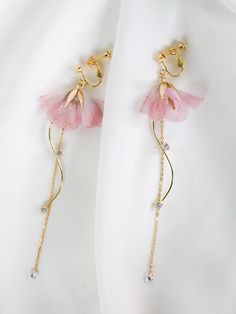 Material: Earrings: 925 sterling silver, gauze flower; Ear Clips: copper-plated gold, gauze flower Length: 4.3 in | 11 cm Change Face Shape, Material Earrings, Flower Ear, Ear Clips, Peach Blossom, Ear Hook, Copper Plated, Rose Earrings, Face Shape