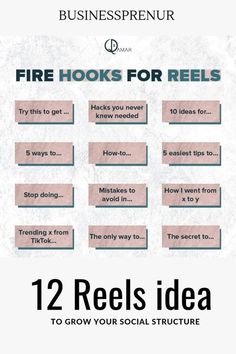 a poster with the words fire hooks for reels and how to grow your social structure