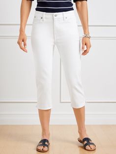 Versatile cropped jeans in the perfect warm-weather length. Crafted with just enough stretch to make them irresistibly comfortable. With five-pocket styling. Also available in curvy fit. Features Slim Leg Hits At Waist Pedal Pusher Length Fly front with button closure Five pocket Imported Fit: Misses: 19"; Petite: 16 1/2"; Plus: 19"; Plus Petite: 16 1/2" Material: 66% Cotton, 16% Polyester, 16% Lyocell, 2% Spandex Care: Machine Wash Cold; Turn Garment Inside Out; Only Non-Chlorine Bleach When Ne Stretch Cotton Capri Jeans, Stretch Cotton Capri Length Jeans, Stretch Cotton Capri-length Jeans, Pedal Pushers, Over 60 Fashion, 60 Fashion, Family Event, Classic Style Women, Jeans White