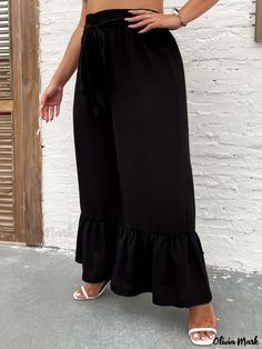 Olivia Mark - Premium Plus Size Womens Elegant Pants: Belted High Rise Wide Leg Pants with Ruffle Trim Hem and Pockets Casual Solid Color Pants With Ruffles, Summer Wide Leg Bottoms With Ruffle Hem, Casual Wide Leg Bottoms With Ruffle Hem, Solid Bottoms With Ruffle Hem For Summer, Spring Bottoms With Ruffle Hem, Chic Solid Bottoms With Ruffle Hem, Casual Ruffled Trousers, Black Ruffled Pants For Spring, Spring Ruffled High-waisted Pants