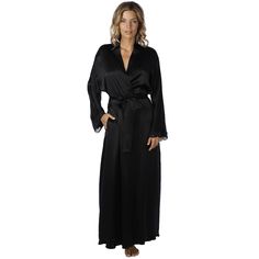 This Bijoux robe feels silky smooth to the touch. A long flowing, luxurious piece to have in your wardrobe. Cut with a dolman sleeve for an easy fit with delicate French lace at the cuff. Made in Canada. Style# BIJR8050 Style: Long Silk Robe w/ Waist Tie Fabric: 100% Silk. Made in Canada. Design: Side seam pockets, french lace at the cuffs with a dolman sleeve. Fit and Tips: Fits generously, all bust sizes. An amazing gift. Long Silk Robe, Canada Style, Silk Robe Long, Silk Robe, French Lace, Black Rose, Dolman Sleeve, Waist Tie, Bra Sizes