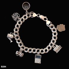 Vintage 925 Sterling Silver Charms Bracelet, mark 'STERLING' or '925' (B281): Weight: 30.5 gram, Length: 7.2 inch, Chain Width: 5 mm (B284): Weight: 30.8 gram, Length: 8 inch, Chain Width: 8 mm ALL ITEMS ARE LOCATED IN UNITED STATES Items will be shipped the day after the payment has been completed with exceptions to Sundays. Classic Sterling Silver Bracelet With Charms, Classic Engraved Charm Bracelet For Formal Occasions, Formal Sterling Silver Charm Bracelet With Jubilee Detail, Formal Sterling Silver Charm Bracelet With Jubilee Design, Classic Engraved Sterling Silver Charm Bracelet, Formal Sterling Silver Jubilee Charm Bracelet, Silver Charm Bracelet For Formal Occasions, Classic White Gold Sterling Silver Charm Bracelet, Classic Charms Bracelet For Formal Occasions