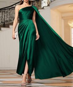 Emerald Green One Shoulder Cloak Sleeve Slit Wrap Hem Solid - Etsy One Shoulder Cloak, Shoulder Cloak, Striped Tunic Dress, Business Formal Dress, Boho Bridesmaid, Formal Dresses Gowns, Gown Prom, Satin Wedding Dress, Ribbed Knit Dress