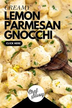 the recipe for creamy lemon parmesan gnocchi is shown with a wooden spoon