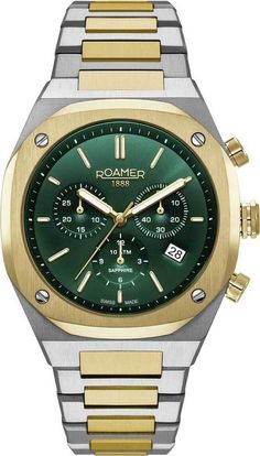 Roamer 854837 47 75 50 Stingray R7 Chrono green silver gold Steel Men's Watch NEW ROAMER STINGRAY R7 CHRONO 854837 47 75 50 Men's Watch FEATURES: Date MOVEMENT: Quartz (Ronda 5030.D) GLASS: Sapphire Glass DIAL COLOR: green CASE WIDTH: 40 mm CASE MATERIAL: Stainless Steel CASE COLOR: silver/gold BAND MATERIAL: Stainless Steel BAND COLOR: silver/gold WATER RESISTANCE: 10 ATM EAN 7640185788251 SWISS MADE BRAND NEW WITH TAG, BOX & PAPERS 2 YEAR INTERNATIONAL WARRANTY powered by plentymarkets Modern Green Watch With Rectangular Dial, Green Chronograph Watch With Rectangular Dial, Green Chronograph Watches For Formal Occasions, Formal Green Chronograph Analog Watch, Formal Green Analog Chronograph Watch, Formal Green Chronograph Watch, Green Chronograph Watch With Tachymeter For Formal Occasions, Formal Green Chronograph Watch With Tachymeter, Green Chronograph Watch With Analog Round Dial