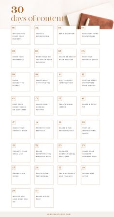 the 30 days of content calendar is shown on top of a white sheet with gold lettering