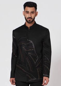 Black silk bandhgala set with resham and katdana embroidery (jacket only). Black Silk Long Sleeve Blazer, Embroidered Silk Sherwani For Party, Party Silk Sherwani With Embroidery, Party Silk Embroidered Sherwani, Designer Silk Bandhgala With Resham Embroidery, Silk Bandhgala With Resham Embroidery For Designer Wear, Embroidered Silk Bandhgala For Party, Silk Sherwani For Party And Festivals, Traditional Silk Bandhgala For Party